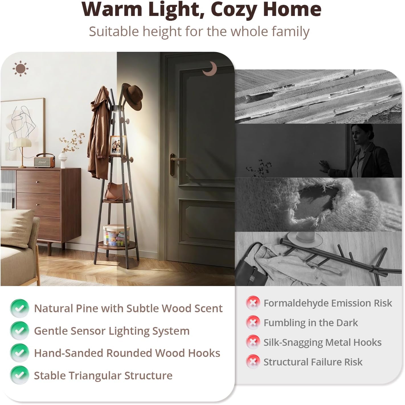 young master Coat Rack, Freestanding Coat Rack with 3 Shelves and 12 Hooks, Coat tree with Motion Sensor Light for Entryway, Livingroom, Hall Tree Free Standing for Coats, Scarves, Handbags, Black