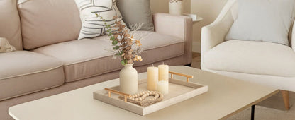 Modern Decorative Tray Set of 2 Ivory Shagreen Leather and Wood Serving Tray with Gold Polished Metal Handles for Ottoman, Coffee Table, Bathroom and More