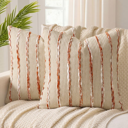 ANRODUO Pack of 2 Boho Decorative Throw Pillow Covers 18x18 Farmhouse Cushion Case Striped Chenille Pillow Cases Square Pillow Covers Accent Neutral Pillowcase for Sofa Couch Bed, Olive Green Stripe