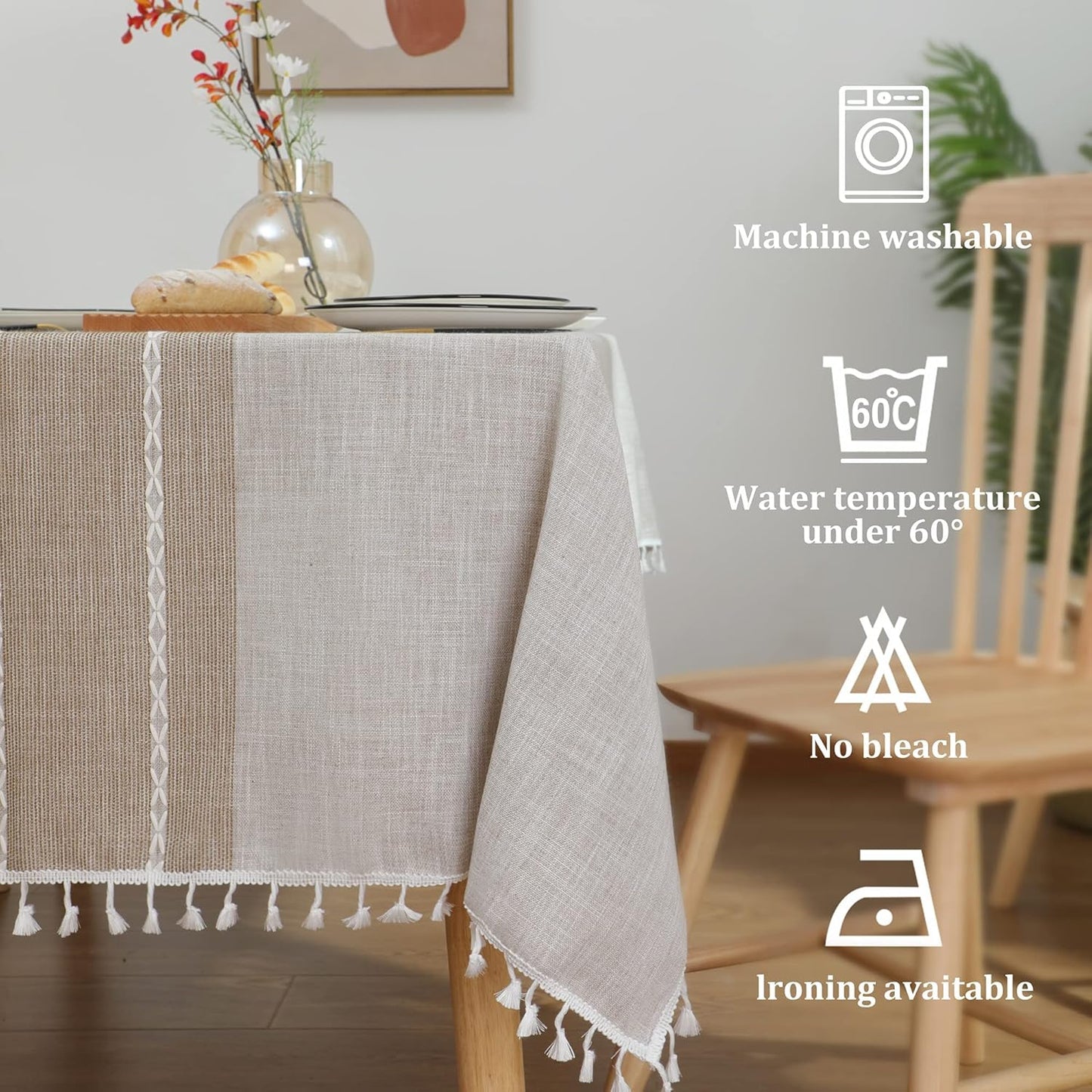 Tablecloths for Rectangle Tables, Cotton Linen Table Cloth Waterproof Tablecloth Wrinkle Free Farmhouse Dining Tables Cover, Soft Fabric Table Cloths with Tassels, Brown, 55" X 70", 4-6 Seats