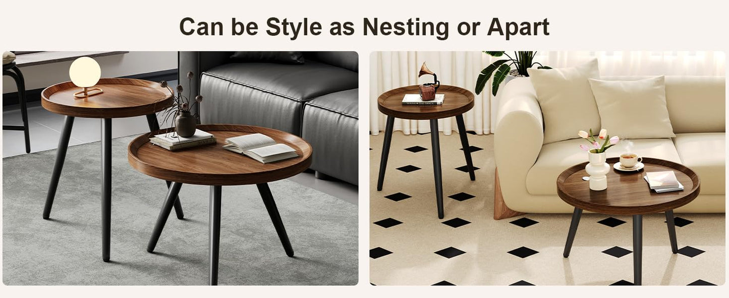 2 PCS Small Round Coffee Table Set, Mid Century Modern Coffee Tables for Living Room, Walnut Nesting Tables for Small Spaces, Easy Assembly Circle Wood Center Table,Black Nesting Coffee Table Set of 2