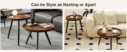2 PCS Small Round Coffee Table Set, Mid Century Modern Coffee Tables for Living Room, Walnut Nesting Tables for Small Spaces, Easy Assembly Circle Wood Center Table,Black Nesting Coffee Table Set of 2