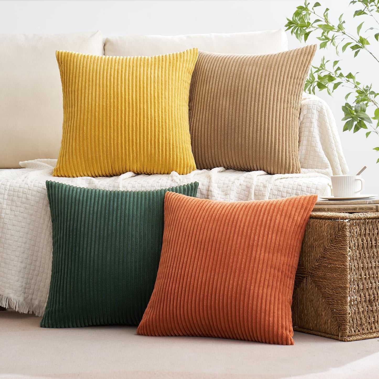 MIULEE Boho Farmhouse Sage Green Throw Pillow Covers 18x18 Inch Set of 4 Mordern Nordic Cushion Covers Soft Corduroy Spring Home Decor for Couch Bed Sofa Living Room Forest Green
