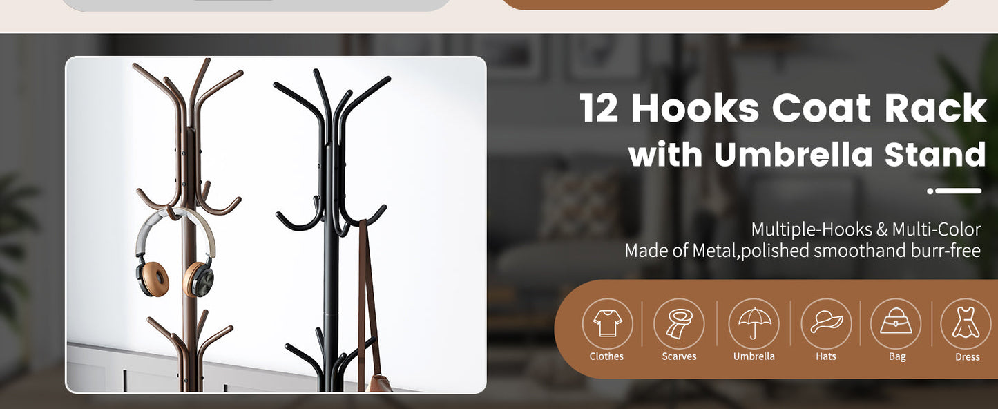 Coat Rack Freestanding Coat Tree Standing Coat and Hat Hanger Jacket Organizer Rack Metal,18.3" L x 18.3" W x 71.5" H, Black