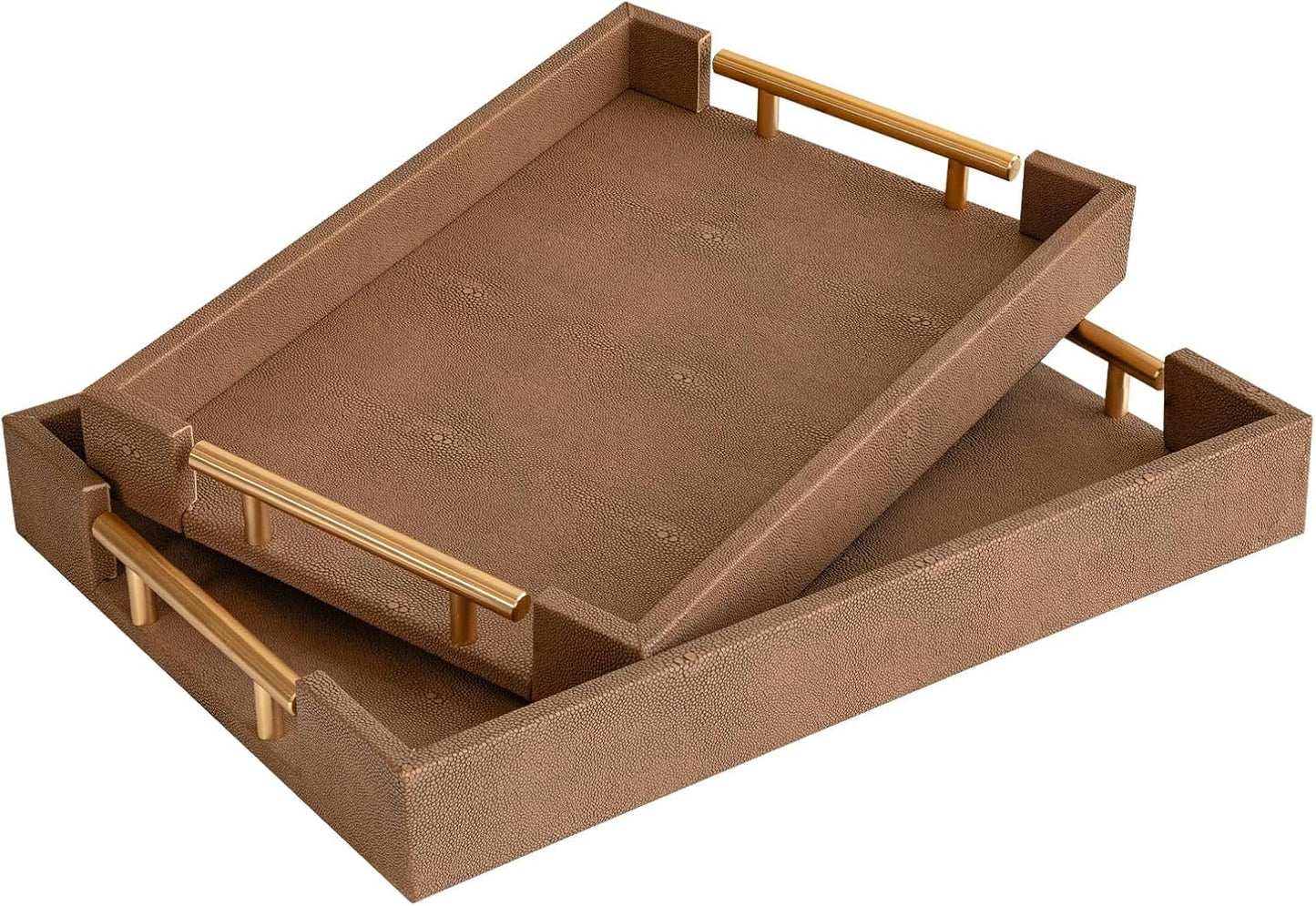 Modern Decorative Tray Set of 2 Ivory Shagreen Leather and Wood Serving Tray with Gold Polished Metal Handles for Ottoman, Coffee Table, Bathroom and More