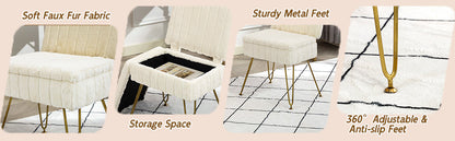Vanity Chair with Storage, Comfy Ottoman with Folding Back, Faux Fur Vanity Stool with 4 Metal Legs for Make Up, Furry Padded Seat with Anti-Slip Feet for Bedroom Dressing Room