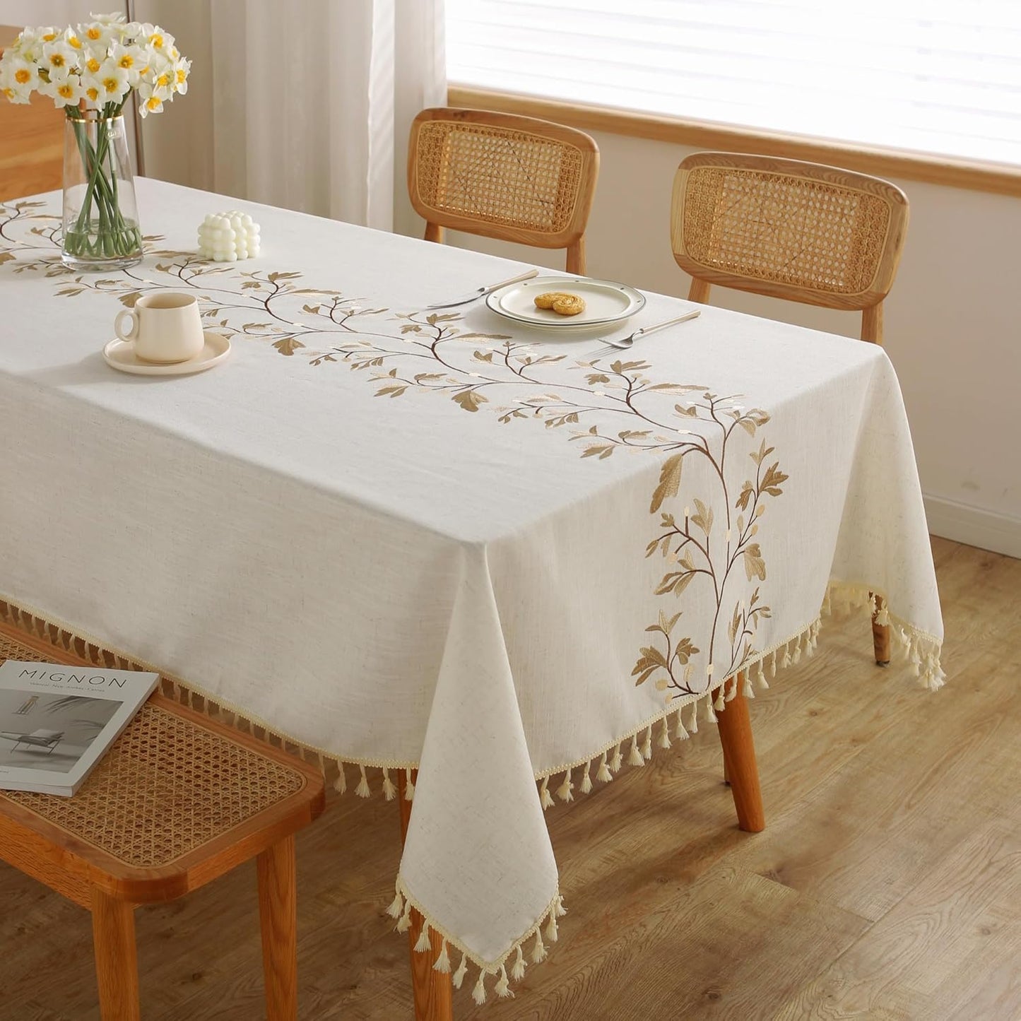 Tablecloths for Rectangle Tables, Cotton Linen Table Cloth Waterproof Tablecloth Wrinkle Free Farmhouse Dining Tables Cover, Soft Fabric Table Cloths with Tassels, Brown, 55" X 70", 4-6 Seats