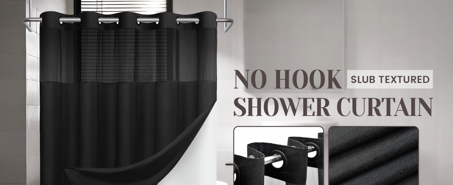 No Hook Slub Textured Shower Curtain with Snap in Liner - Black Fabric Outer Curtain & Waterproof Inner Liner, Hotel Style with See Through Top Window, 71x74 in