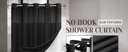 No Hook Slub Textured Shower Curtain with Snap in Liner - Black Fabric Outer Curtain & Waterproof Inner Liner, Hotel Style with See Through Top Window, 71x74 in