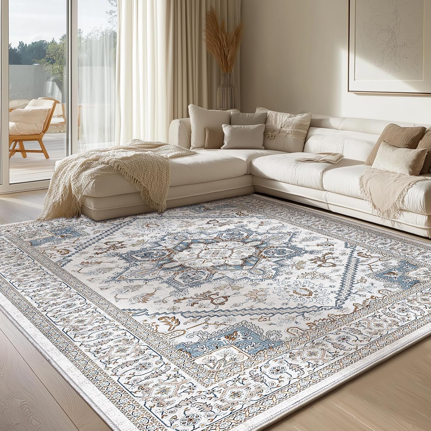 Soft Area Rugs 5x7, 5x7 Washable Rug with Non Slip Backing, 5 x 7 Faux Cashmere Low-Pile Carpet, Navy Blue & Gold