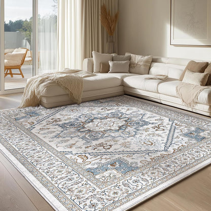 Soft Area Rugs 5x7, 5x7 Washable Rug with Non Slip Backing, 5 x 7 Faux Cashmere Low-Pile Carpet, Navy Blue & Gold