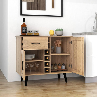 Giantex Bar Cabinet, Buffet Sideboard for 6 Wine Bottles, Wood Pantry Cupboard with Storage Drawer, 2 Door Cabinets, Anti-Toppling Devices, Credenza Organizer for Living Room Kitchen (Oak)