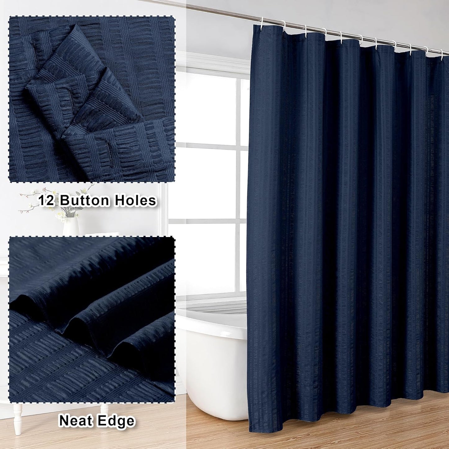 Moga Navy Blue Fabric Shower Curtains for Bathroom - Blue Hotel Spa Polyester Cloth Bath Curtain with 12 Holes, 72x72, Machine Washable, Navy Blue