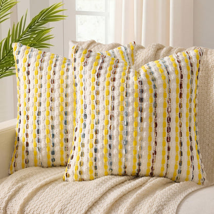 ANRODUO Pack of 2 Boho Decorative Throw Pillow Covers 18x18 Farmhouse Cushion Case Striped Chenille Pillow Cases Square Pillow Covers Accent Neutral Pillowcase for Sofa Couch Bed, Olive Green Stripe
