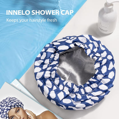 Luxury Shower Cap for Women Reusable Waterproof, Double Layered Shower Hair Cap with Adjustable Elastic Strap, Large Satin Lined Shower Bath Cap for Long Curly Straight Hair, Blue