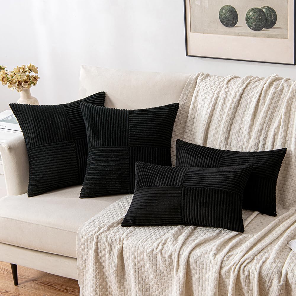Black Decorative Throw Pillow Covers 18x18 Inch for Couch Bed Sofa Pack of 2 Boho Farmhouse Throw Pillows Soft Cross Corduroy Patchwork Textured Cushion Cases