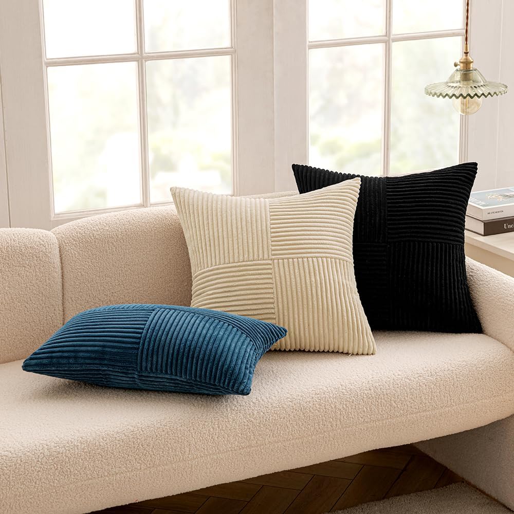 Black Decorative Throw Pillow Covers 18x18 Inch for Couch Bed Sofa Pack of 2 Boho Farmhouse Throw Pillows Soft Cross Corduroy Patchwork Textured Cushion Cases