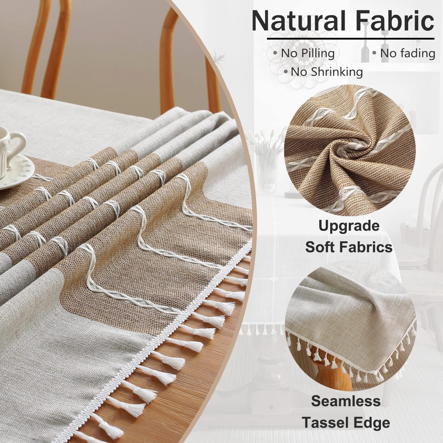 Tablecloths for Rectangle Tables, Cotton Linen Table Cloth Waterproof Tablecloth Wrinkle Free Farmhouse Dining Tables Cover, Soft Fabric Table Cloths with Tassels, Brown, 55" X 70", 4-6 Seats