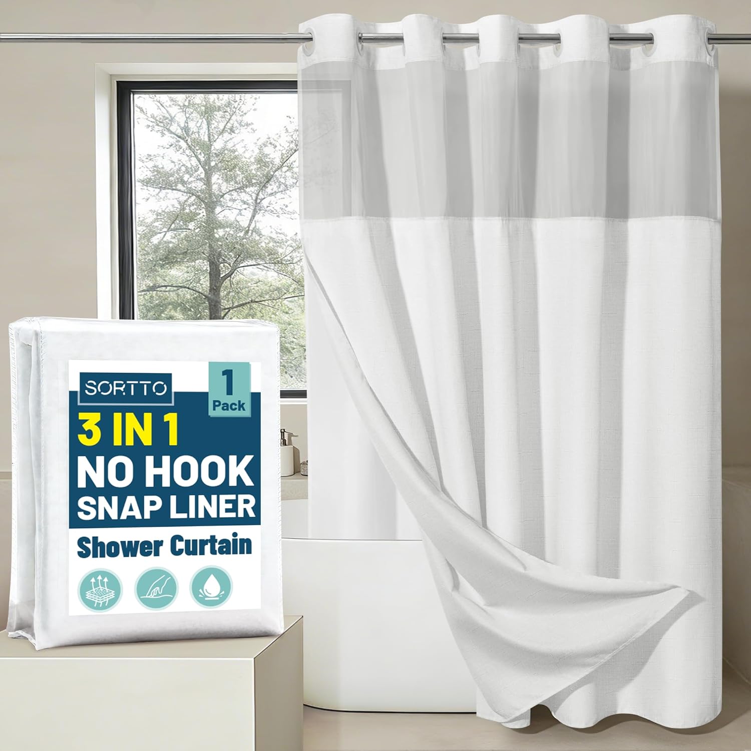 No Hook Slub Textured Shower Curtain with Snap in Liner - Black Fabric Outer Curtain & Waterproof Inner Liner, Hotel Style with See Through Top Window, 71x74 in