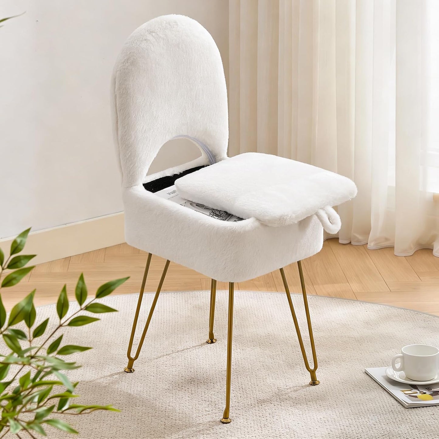 White Vanity Chair with Storage, Folding Back Faux Fur Vanity Stool, Makeup Ottoman with Gold Legs for Bedroom/Bathroom