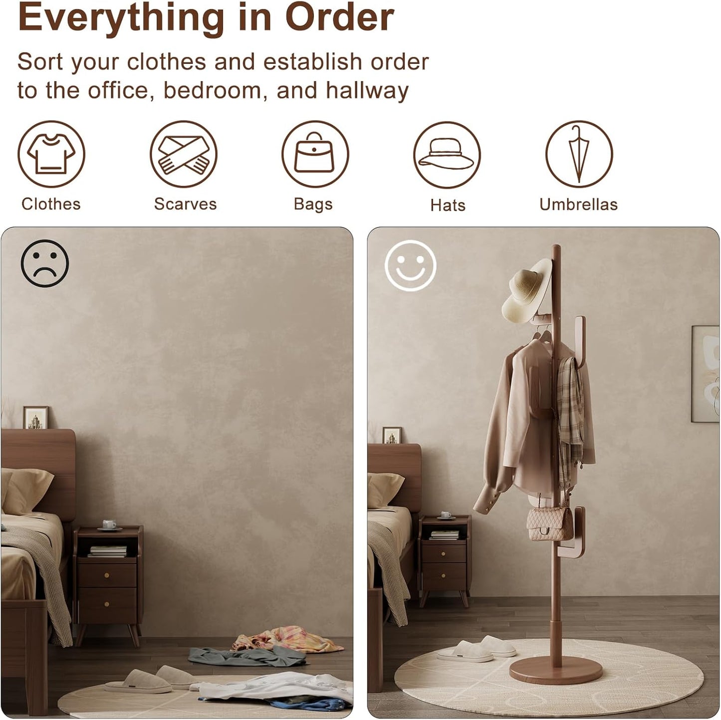 Solid Wood Cactus Coat Rack, Freestanding Coat Rack With 6 L-Shaped Hooks and 3 Adjustable Sizes, Coat Tree for Bedroom, Entryway, Livingroom, Coat Hanger Stand for Coats, Handbags (Walnut)