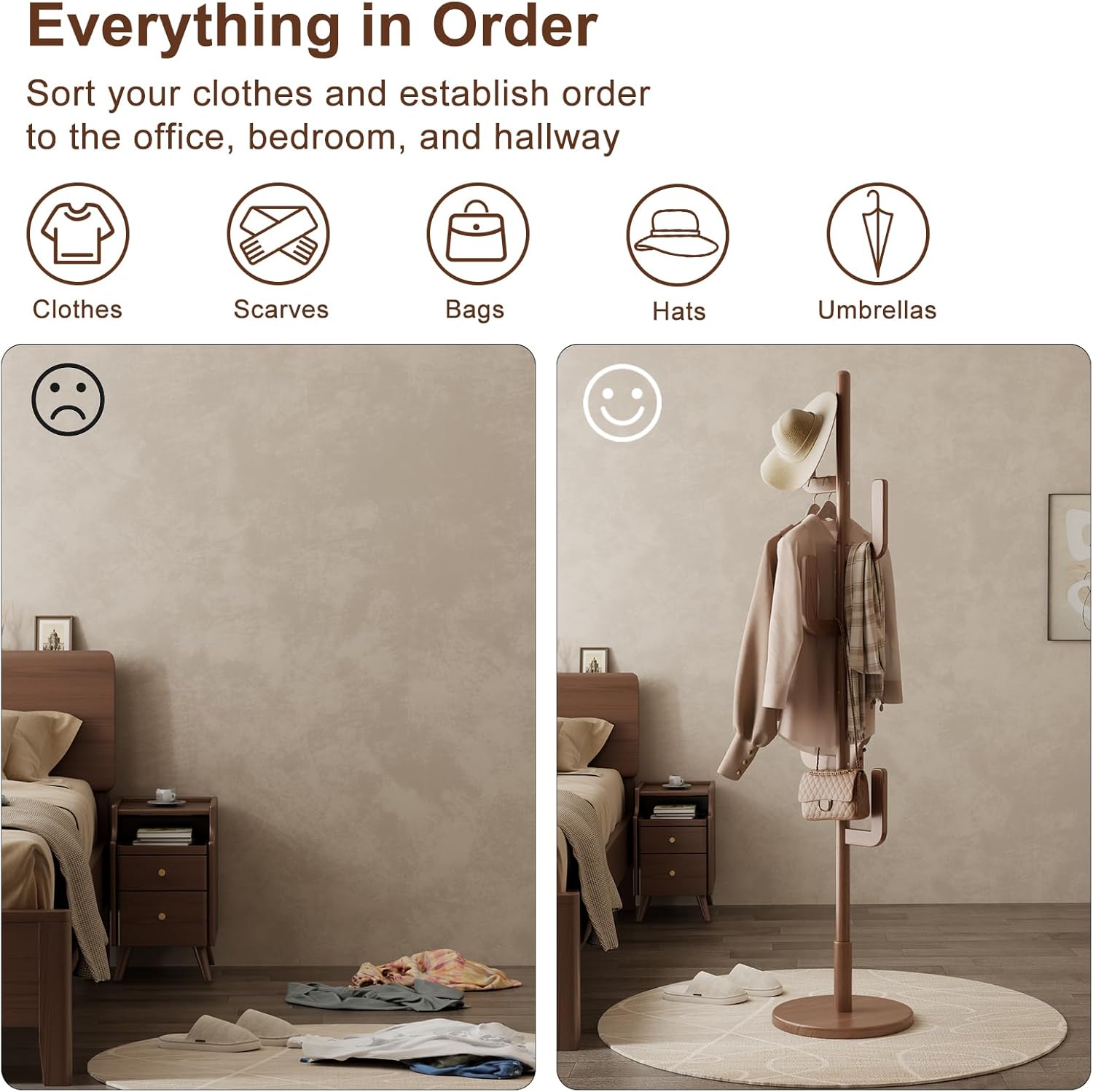 Solid Wood Cactus Coat Rack, Freestanding Coat Rack With 6 L-Shaped Hooks and 3 Adjustable Sizes, Coat Tree for Bedroom, Entryway, Livingroom, Coat Hanger Stand for Coats, Handbags (Walnut)