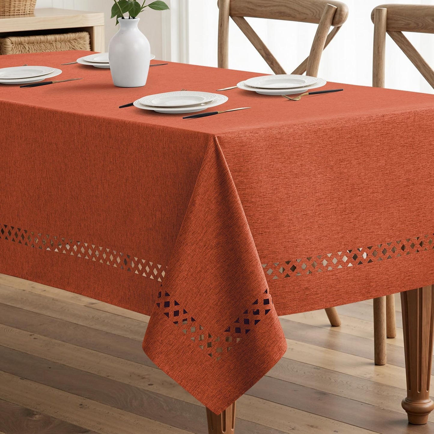 Beige Rectangle Linen Polyester Tablecloth with Decorative Cutouts Spring Waterproof Stain Resistant & Shrink-Proof Table Cloth 52x70 inch Farmhouse Style for Dining Wedding and Outdoor