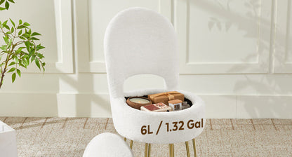 Vanity Chair with Storage and Folding Back, Faux Fur Square Storage Chair, Vanity Stool Chair with 4 Metal Legs for Bedroom, Living Room and Makeup Stations, 13.4"x 15"x 30", White