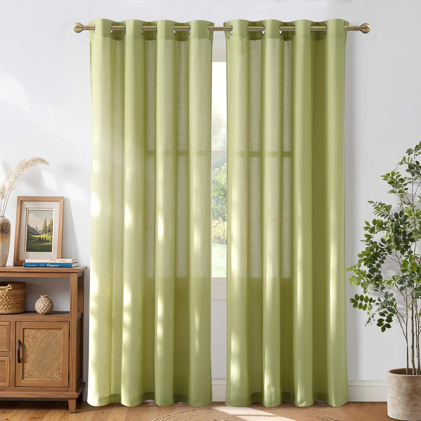 Natural Linen Curtains 84 inch Long 2 Panels Set, Grommet Top Thick Linen Burlap Semi Sheer Vertical Drapes Privacy Assured with Light Filtering for Bedroom/Living Room, W55 x L84
