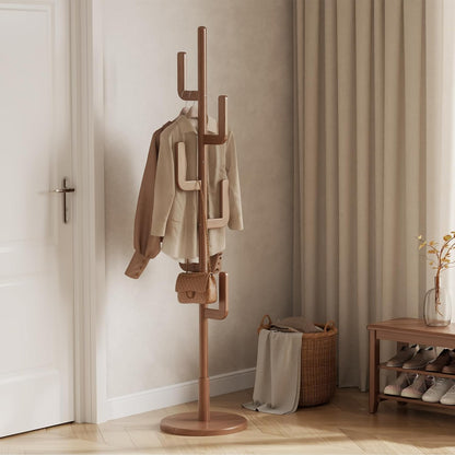 Solid Wood Cactus Coat Rack, Freestanding Coat Rack With 6 L-Shaped Hooks and 3 Adjustable Sizes, Coat Tree for Bedroom, Entryway, Livingroom, Coat Hanger Stand for Coats, Handbags (Walnut)