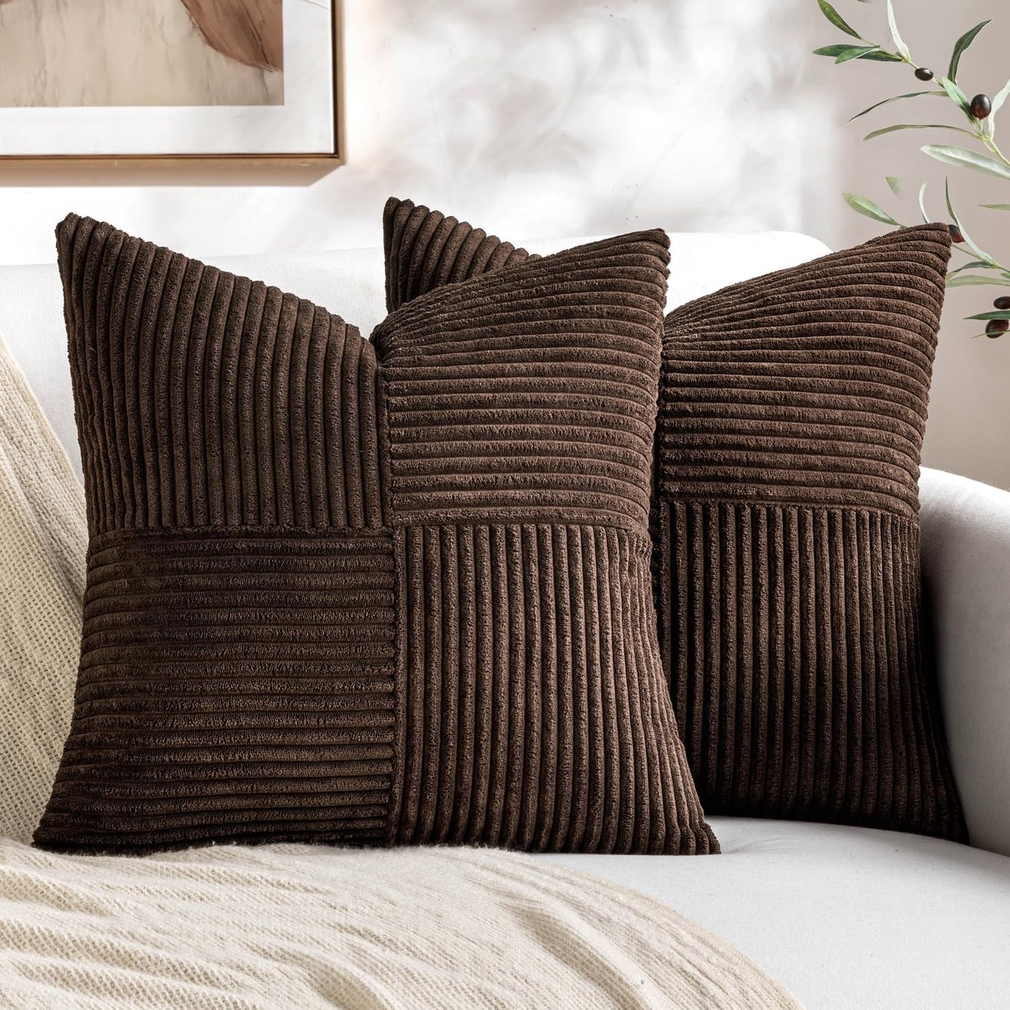 Black Decorative Throw Pillow Covers 18x18 Inch for Couch Bed Sofa Pack of 2 Boho Farmhouse Throw Pillows Soft Cross Corduroy Patchwork Textured Cushion Cases