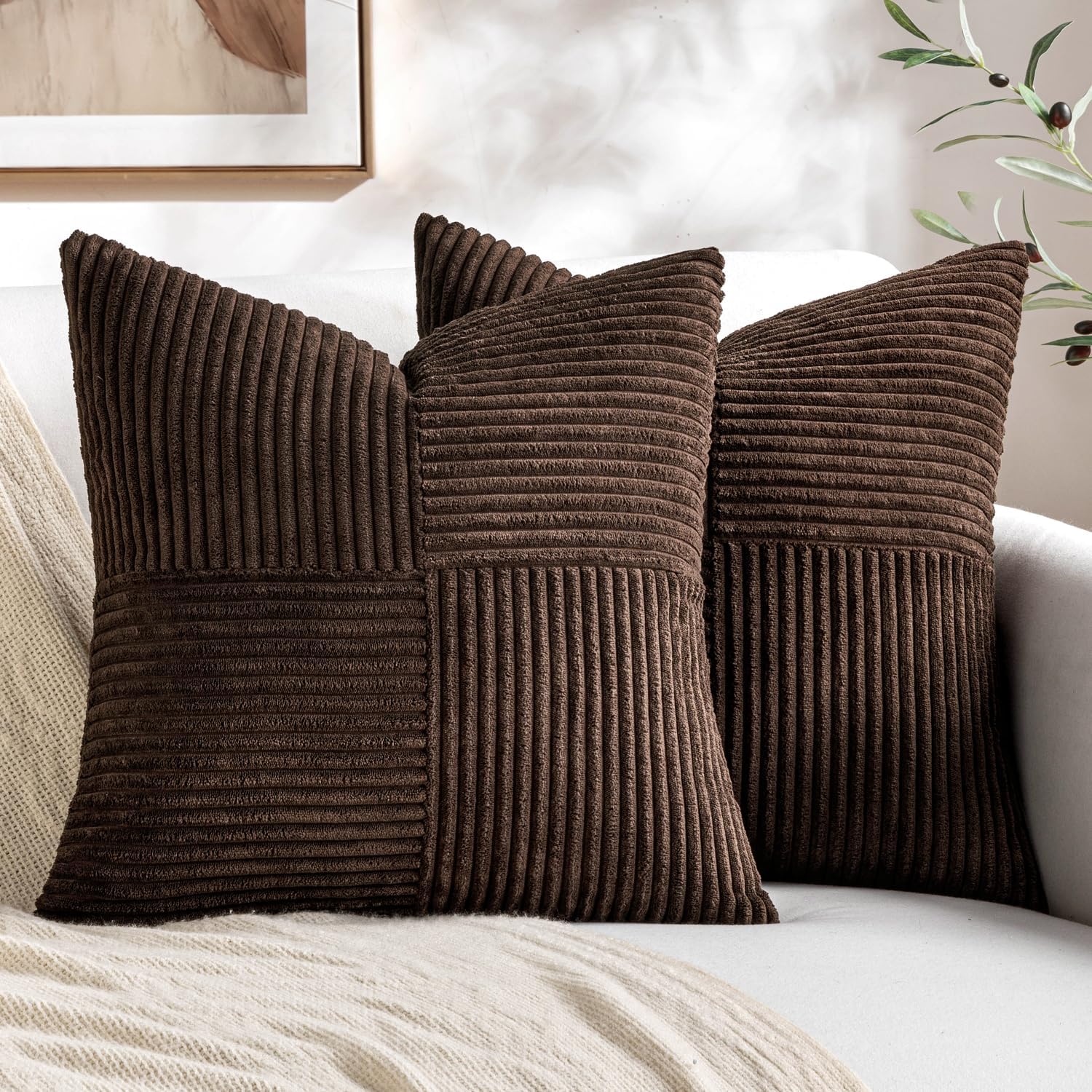 Black Decorative Throw Pillow Covers 18x18 Inch for Couch Bed Sofa Pack of 2 Boho Farmhouse Throw Pillows Soft Cross Corduroy Patchwork Textured Cushion Cases