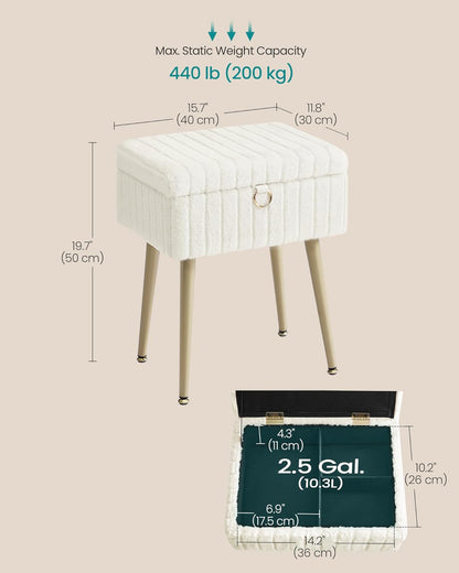 Vanity Stool Chair Faux Fur with Storage, Vanity Bench, Metal Legs, Adjustable Feet, for Living Room, Bedroom, Makeup Room, Cream White ULOM505WZ02