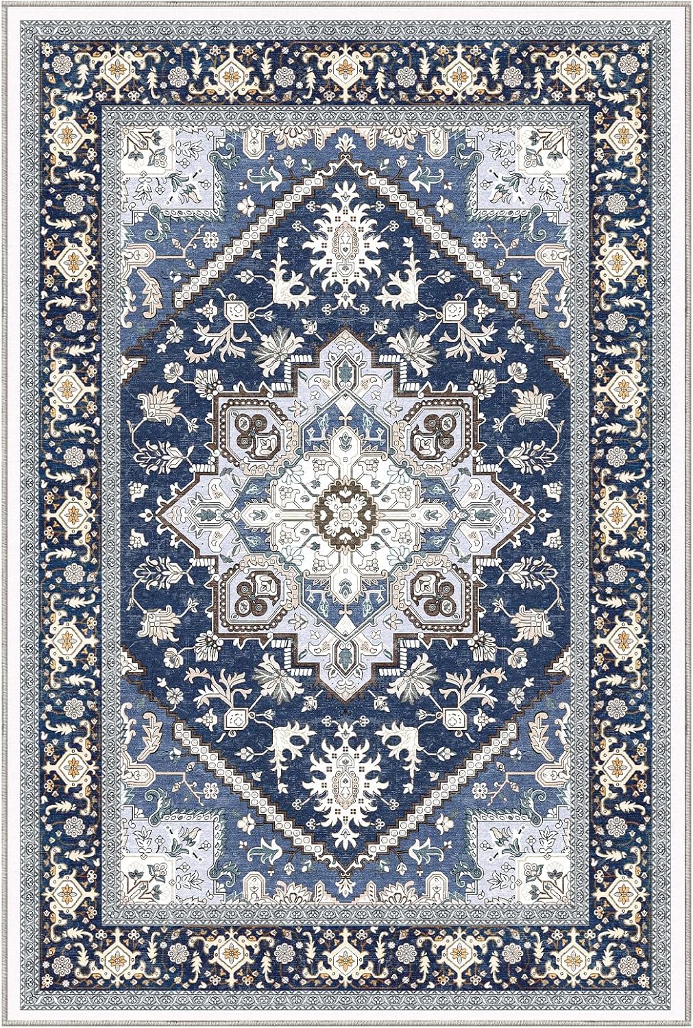 Soft Area Rugs 5x7, 5x7 Washable Rug with Non Slip Backing, 5 x 7 Faux Cashmere Low-Pile Carpet, Navy Blue & Gold
