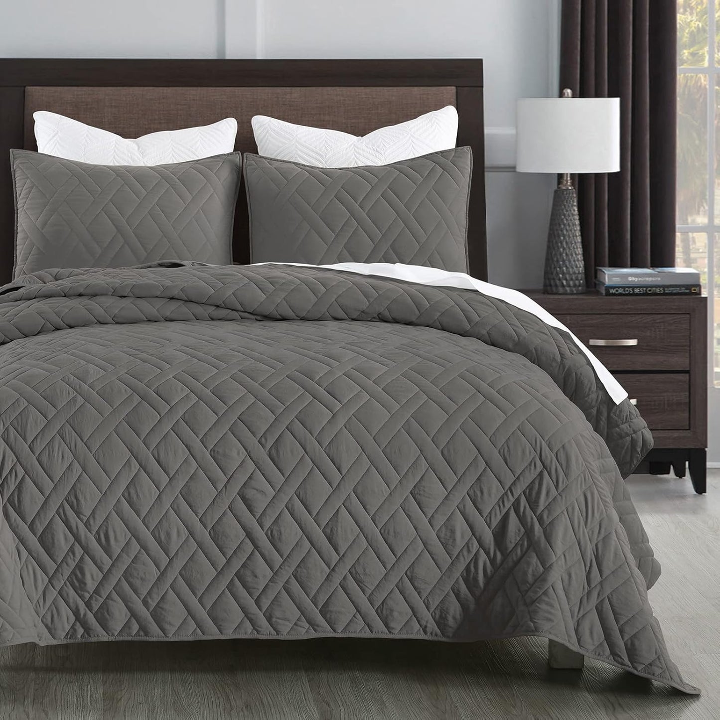 HOME Quilt Set Queen Size Navy Blue, Classic Geometric Diamond Stitched Pattern, Ultra Soft Microfiber Lightweight Bedding Bedspread Coverlet for All Season with 1 Quilt 2 Pillow Shams