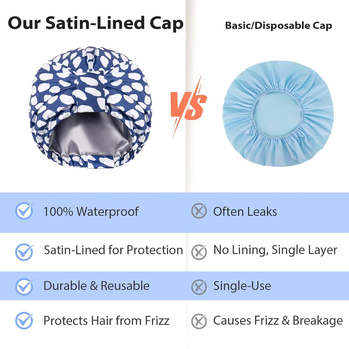 Luxury Shower Cap for Women Reusable Waterproof, Double Layered Shower Hair Cap with Adjustable Elastic Strap, Large Satin Lined Shower Bath Cap for Long Curly Straight Hair, Blue