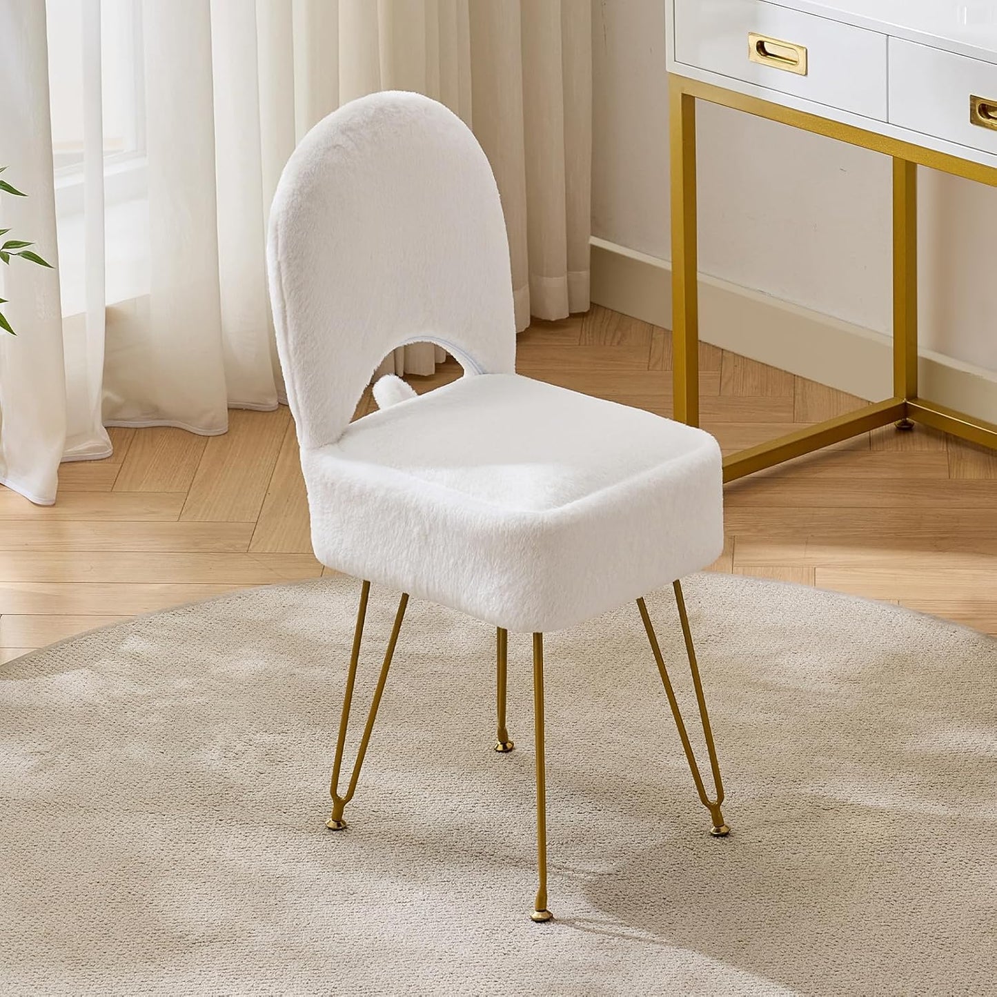 White Vanity Chair with Storage, Folding Back Faux Fur Vanity Stool, Makeup Ottoman with Gold Legs for Bedroom/Bathroom