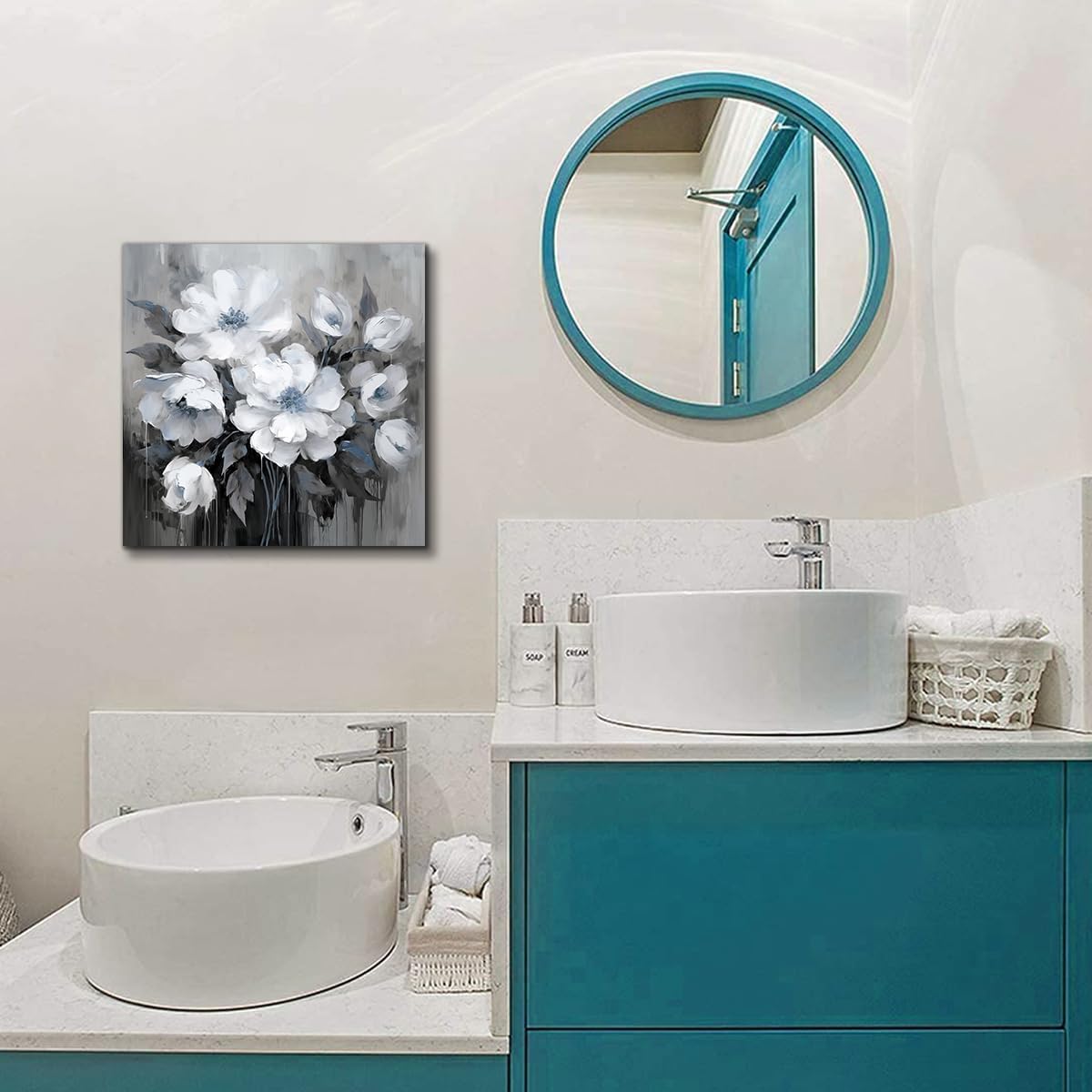 Bathroom Canvas Wall Art, Bathroom Wall Decor,Living Room, Bedroom,Office,Small Gray and White Blue Flower Wall Decoration, 12x12 inches