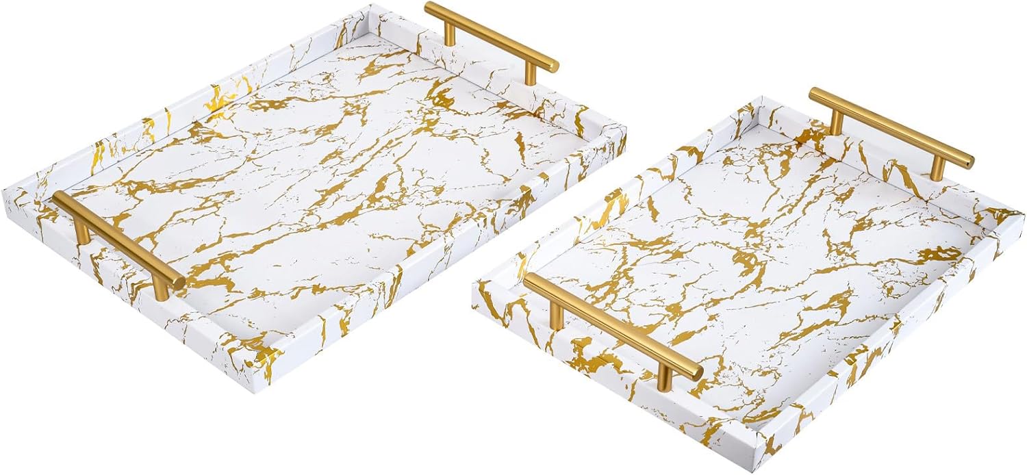 Modern Decorative Tray Set of 2 Ivory Shagreen Leather and Wood Serving Tray with Gold Polished Metal Handles for Ottoman, Coffee Table, Bathroom and More