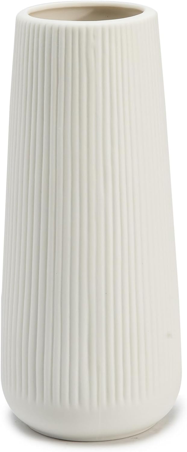 Ceramic Vase for Flower, Matte Black Ribbed Ceramic Vase for Home Decor, Nordic Minimalist Vase for Pampas Grass, Flowers Vases for Kitchen, Living Room, Bedroom, Office, Shelf Table (White)