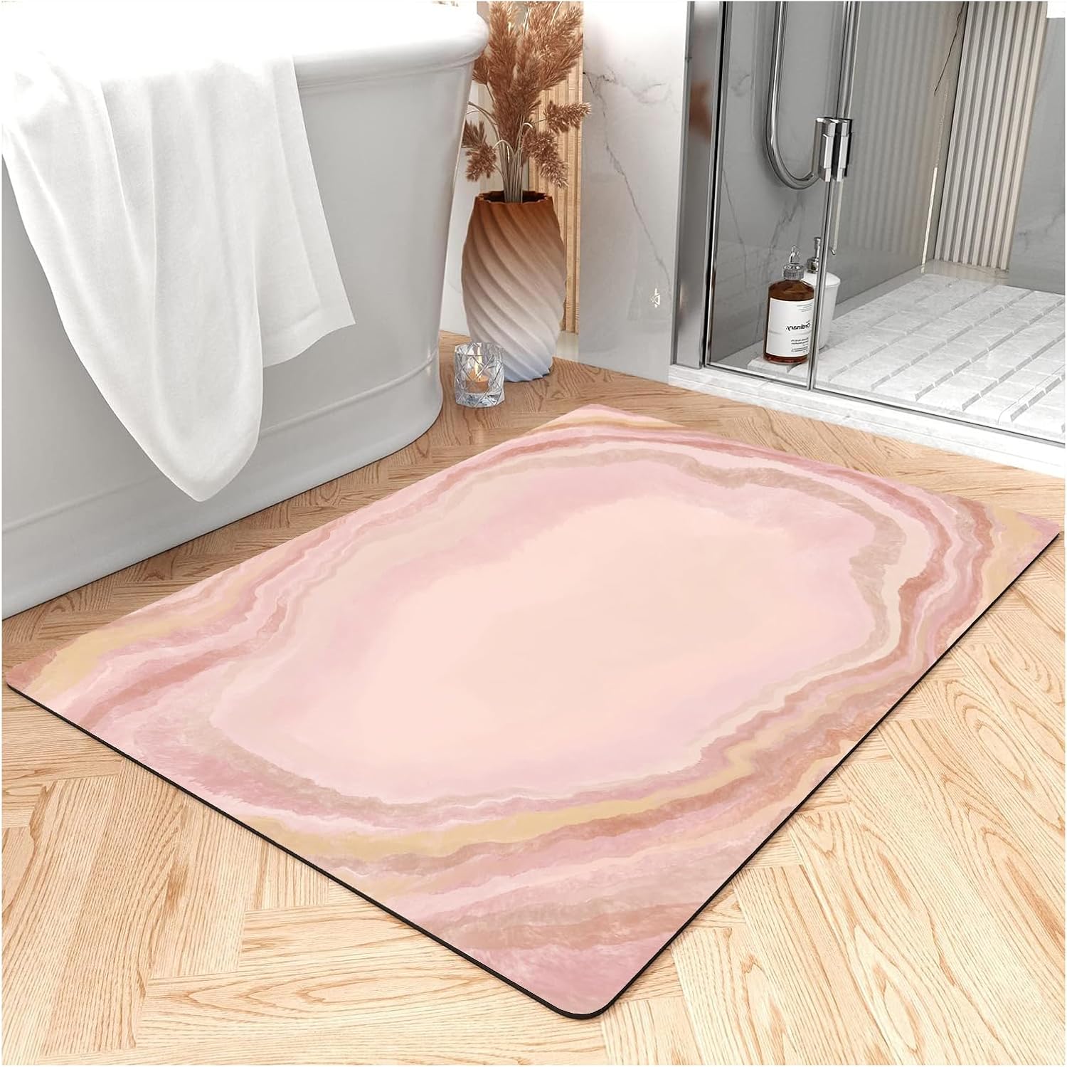 Thin Bath Mat, Diatomaceous Earth Shower Mat Non Slip Instantly Removes Water Drying Fast Bathroom Mat Modern Abstract Wave Marble Texture Easy to Clean (3x5ft/36x60in/90x150cm, Pink)