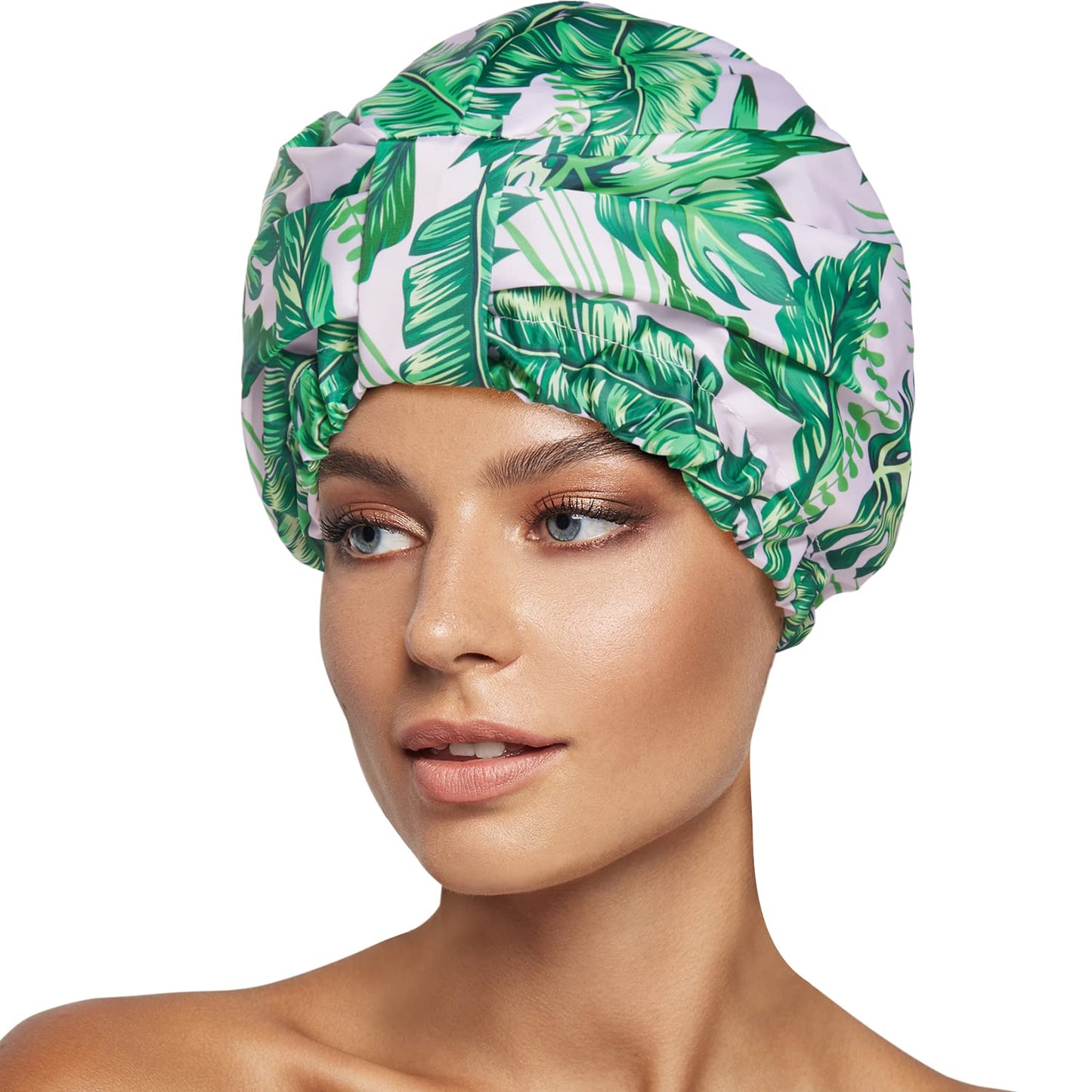 Luxury Shower Cap for Women Reusable Waterproof, Double Layered Shower Hair Cap with Adjustable Elastic Strap, Large Satin Lined Shower Bath Cap for Long Curly Straight Hair, Blue