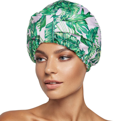 Luxury Shower Cap for Women Reusable Waterproof, Double Layered Shower Hair Cap with Adjustable Elastic Strap, Large Satin Lined Shower Bath Cap for Long Curly Straight Hair, Blue