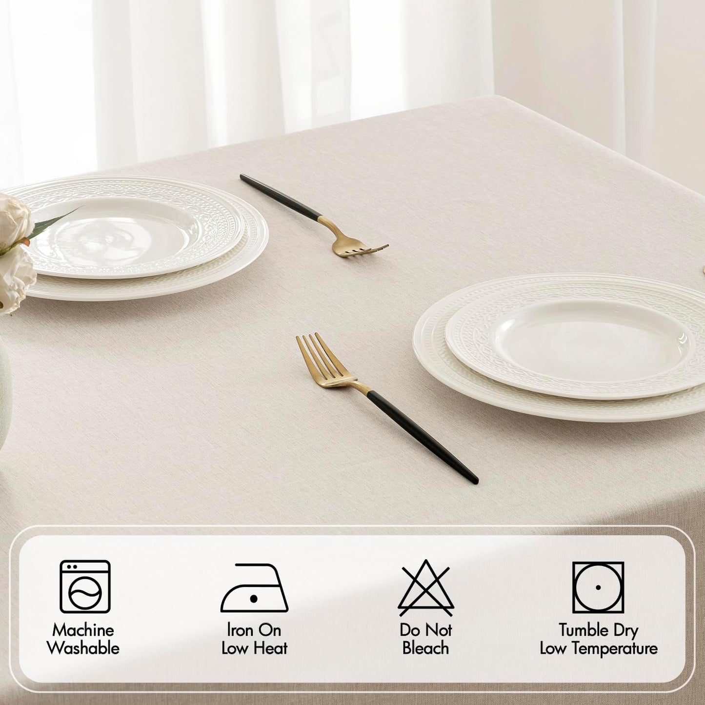 Beige Rectangle Linen Polyester Tablecloth with Decorative Cutouts Spring Waterproof Stain Resistant & Shrink-Proof Table Cloth 52x70 inch Farmhouse Style for Dining Wedding and Outdoor