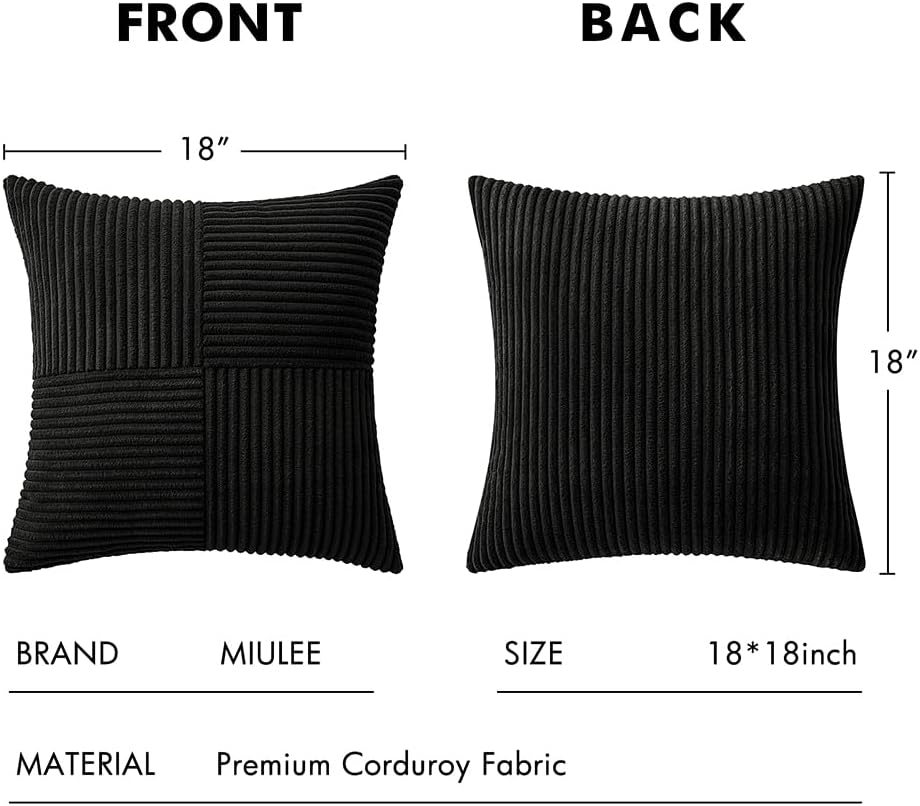 Black Decorative Throw Pillow Covers 18x18 Inch for Couch Bed Sofa Pack of 2 Boho Farmhouse Throw Pillows Soft Cross Corduroy Patchwork Textured Cushion Cases