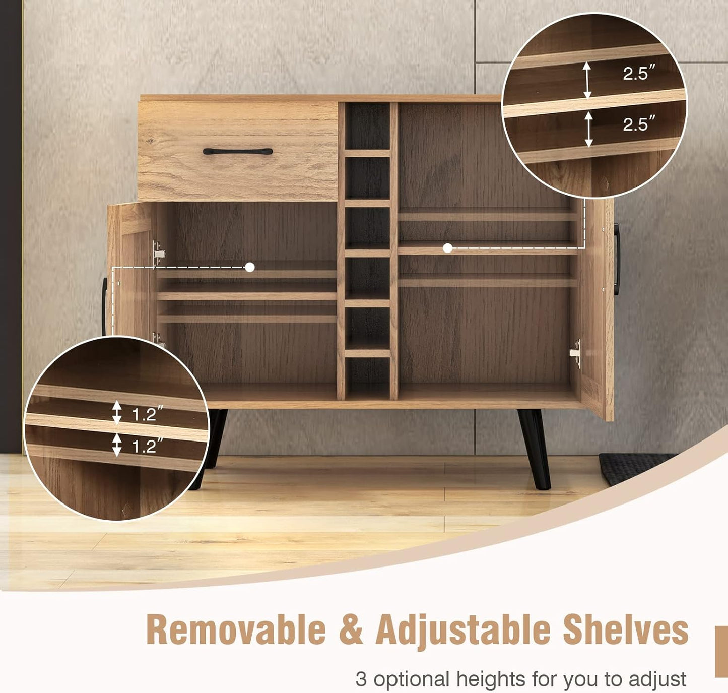 Giantex Bar Cabinet, Buffet Sideboard for 6 Wine Bottles, Wood Pantry Cupboard with Storage Drawer, 2 Door Cabinets, Anti-Toppling Devices, Credenza Organizer for Living Room Kitchen (Oak)