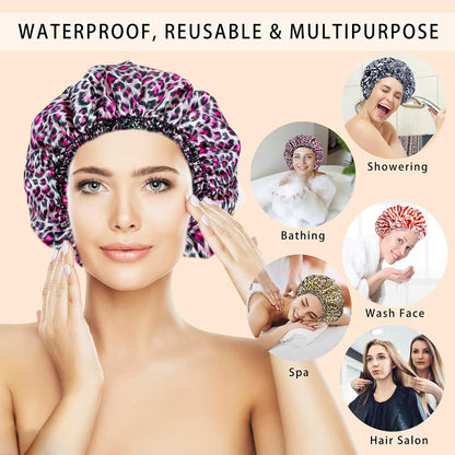 4 PCS Shower Caps for Women, Elastic and Reusable Bath Caps, Double Waterproof Layers Shower Cap, Bathing Shower Caps, Environmental Protection Hair Bath Hat - Printed Color