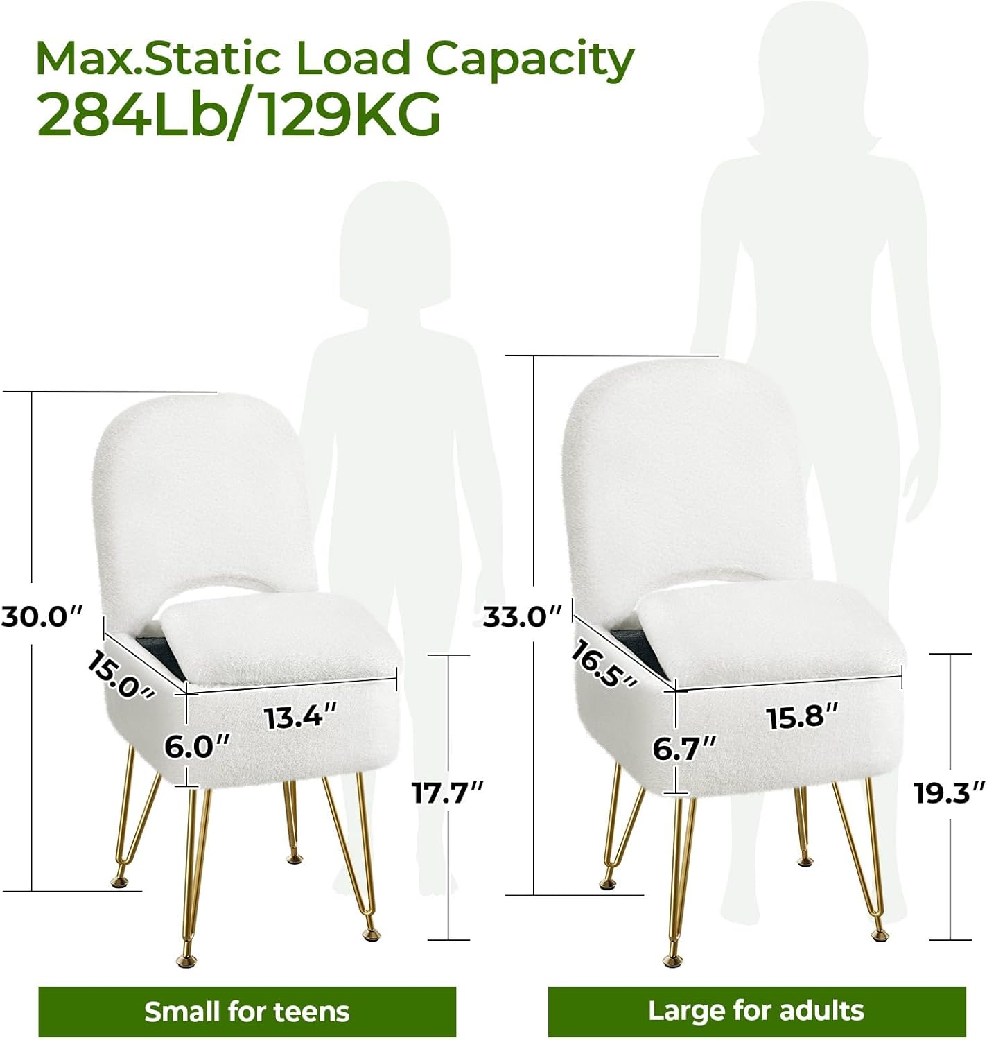 Small Vanity Stool Chair with Storage and Folding Back, 13.4" x 15" x 30" Square Faux Fur Soft Ottoman, 4 Metal Legs with Anti-Slip Feet, Furry Padded Seat for Makeup, Bedroom, White