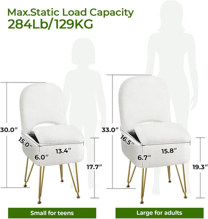 Small Vanity Stool Chair with Storage and Folding Back, 13.4" x 15" x 30" Square Faux Fur Soft Ottoman, 4 Metal Legs with Anti-Slip Feet, Furry Padded Seat for Makeup, Bedroom, White