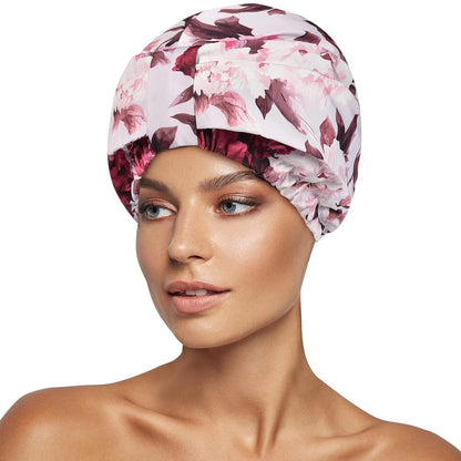 Luxury Shower Cap for Women Reusable Waterproof, Double Layered Shower Hair Cap with Adjustable Elastic Strap, Large Satin Lined Shower Bath Cap for Long Curly Straight Hair, Blue
